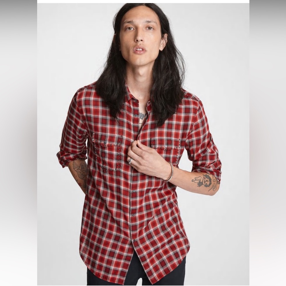 John Varvatos studded plaid shirt with metal snap buttons NWT Size Large